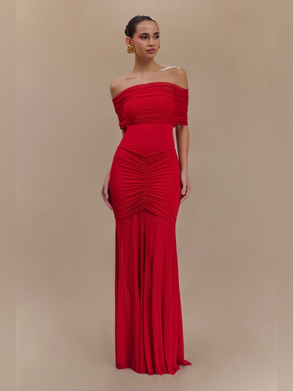 Meshki Caspian Slinky and Mesh Ruched Off-shoulder Maxi Dress - Picture 3 of 10
